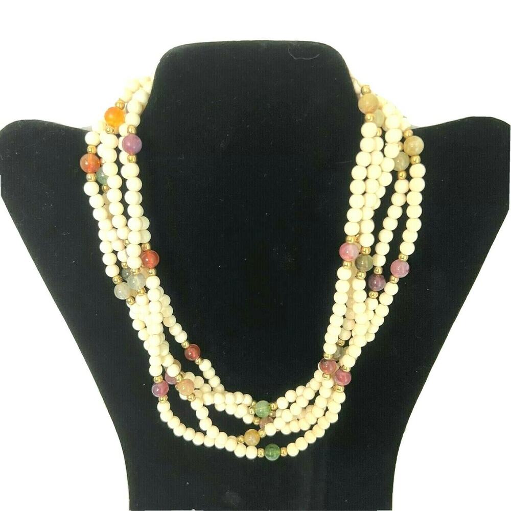 Beaded Multi-Strand Necklace Small White Beads with Colored Glass Beads 18" Vtg